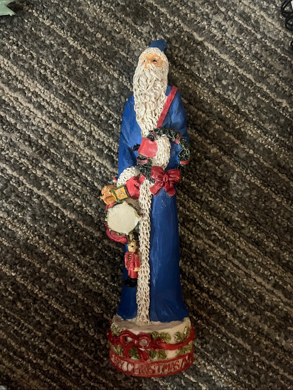 Vintage Blue Pencil Santa Figurine “Wreath Bearer” with Red and White Accents